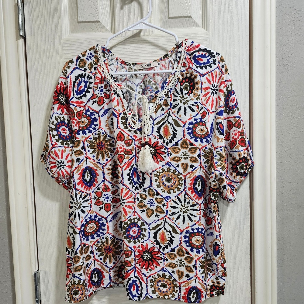 Vivilli‎ Bohemian Medallion Print Peasant Top Short Sleeve Tassel Tie Size M